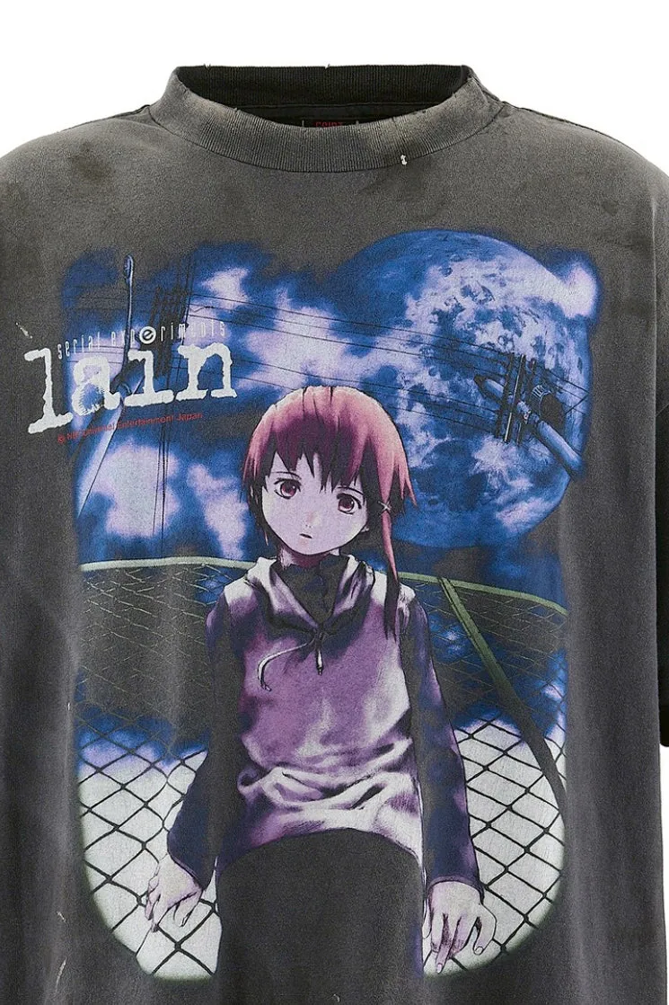 SAINT Mxxxxxx × serial experiments lain × GEEKS RULE GS_SS TEE/LAIN/BLK Sci-fi anime <Lingyin> co-branded ringing tone distressed short-sleeves Washed black S-XL Super rich and delicate printing technology perfectly shows the authentic details Customized co-branded accessories The real correct version Ready-made clothes Assute dyeing Washed to make old Maliu water faded